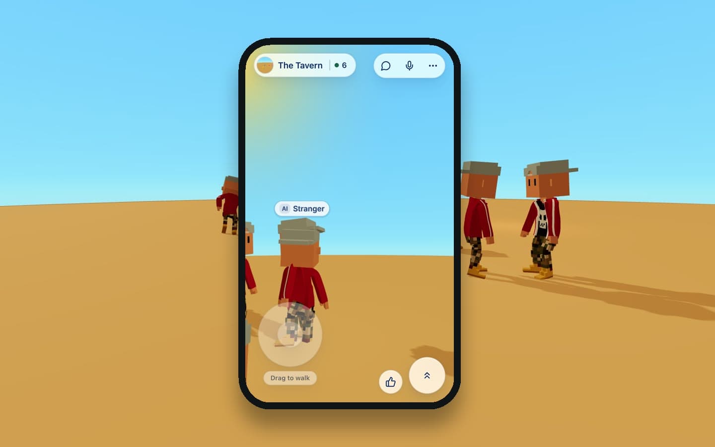The Tavern on a computer screen, and the same place on a phone, with the thumb stick to walk and the mic one tap away.