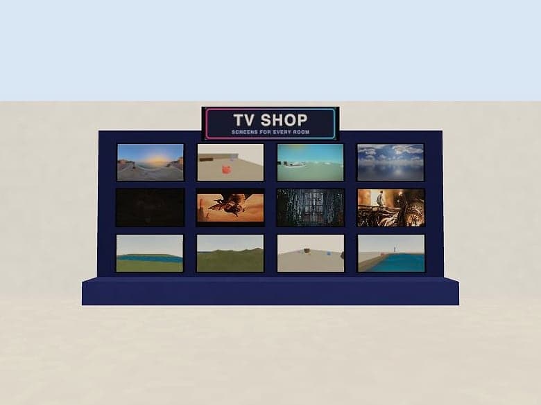 The TV Shop: a wall of twelve TVs under a TV SHOP sign, each showing a picture or a clip.